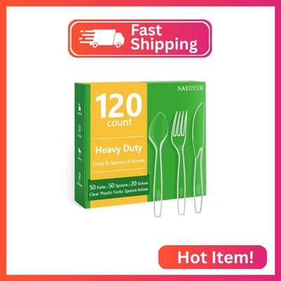 SAEUYVB 120 Count Plastic Silverware Heavy Duty-50 Forks,50 Spoons,20 Knives,BPA-Free,Di