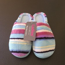 Bobbie Brooks Slipper House Shoes Womens Small 6-7 Blue Pink Striped Faux Fur