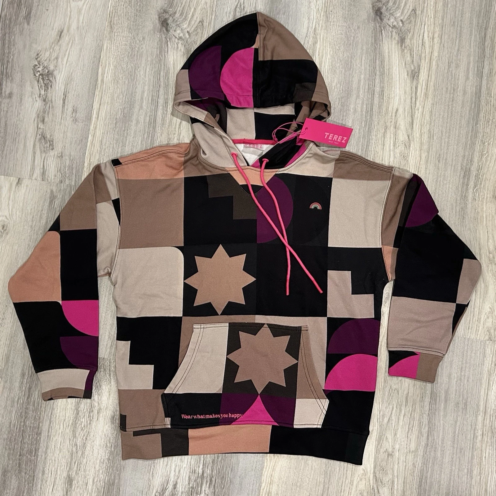 NWT Terez Neutral Mod Hoodie Sweatshirt 100% Cotton Brown Pink AbstractSize XS