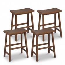 Solid Wood Saddle Bar Stools Set of 4, Backless Wooden Barstools w/Footrests