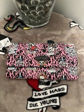 Ed Hardy Wallet Pink Black Leopard Print Burning Skull Bones Spider Web Y2K NWT
