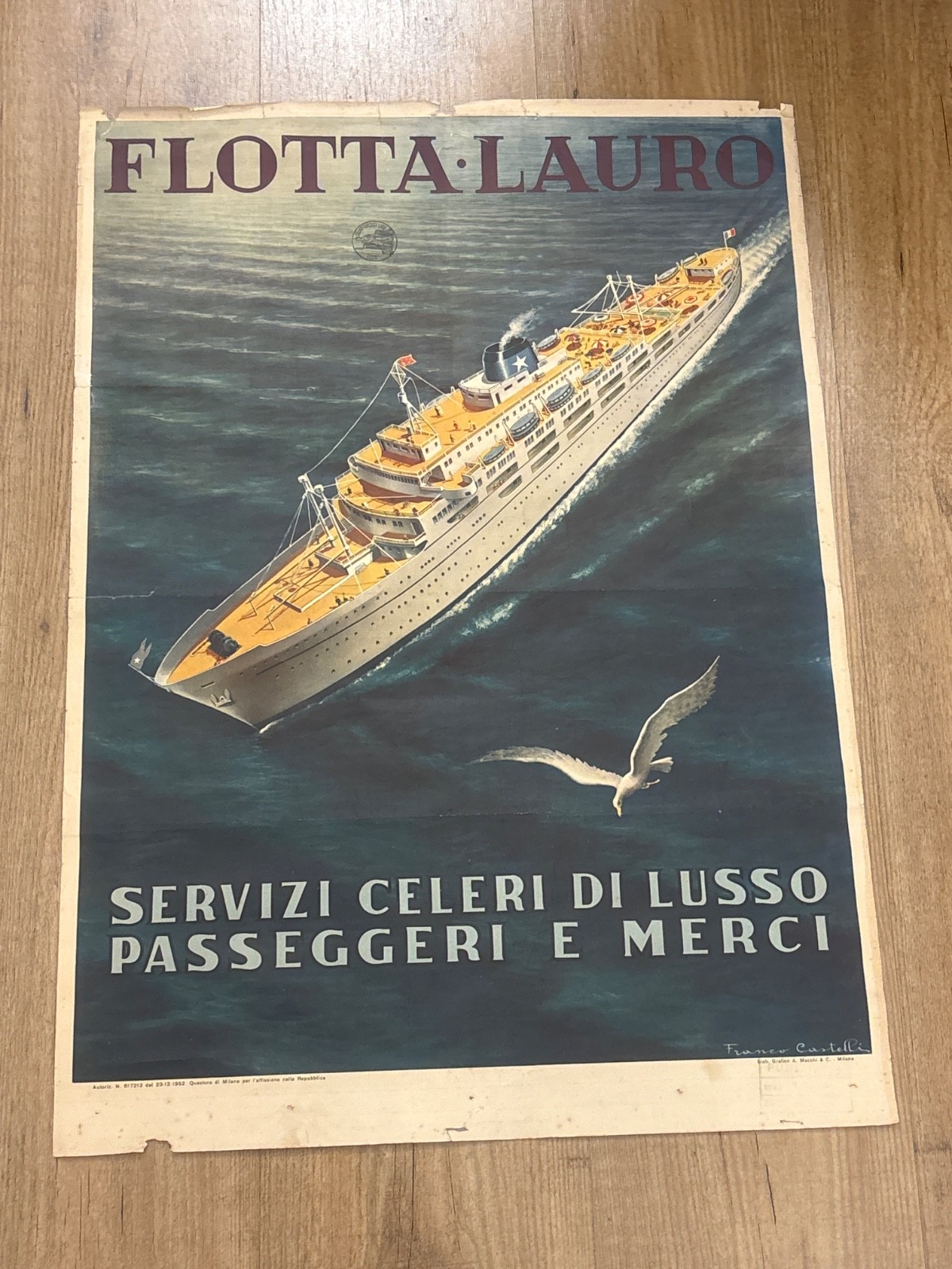 Manifesto-Navigazione-FLOTTA LAURO-Servizi Lusso Passeggeri e Merci-Castelli’50