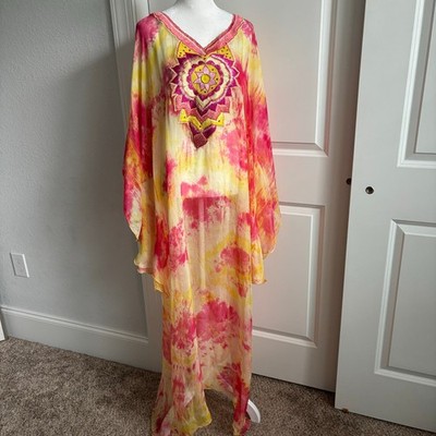 Stunning Silk Women s Tie Dye Multicolor Kaftan Boho Ethereal Coverup OS