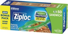 Ziploc Sandwich Snack Bags, Plastic Storage Bags, Grip 'n Seal Technology, 50 Ct