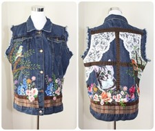 Upcycled OOAK BUFFALO Denim Vest Applique / EMBROIDERY Cat On A Window Birds M Upcycled OOAK BUFFALO Denim Vest Applique / EMBROIDERY Cat On A Window Birds M