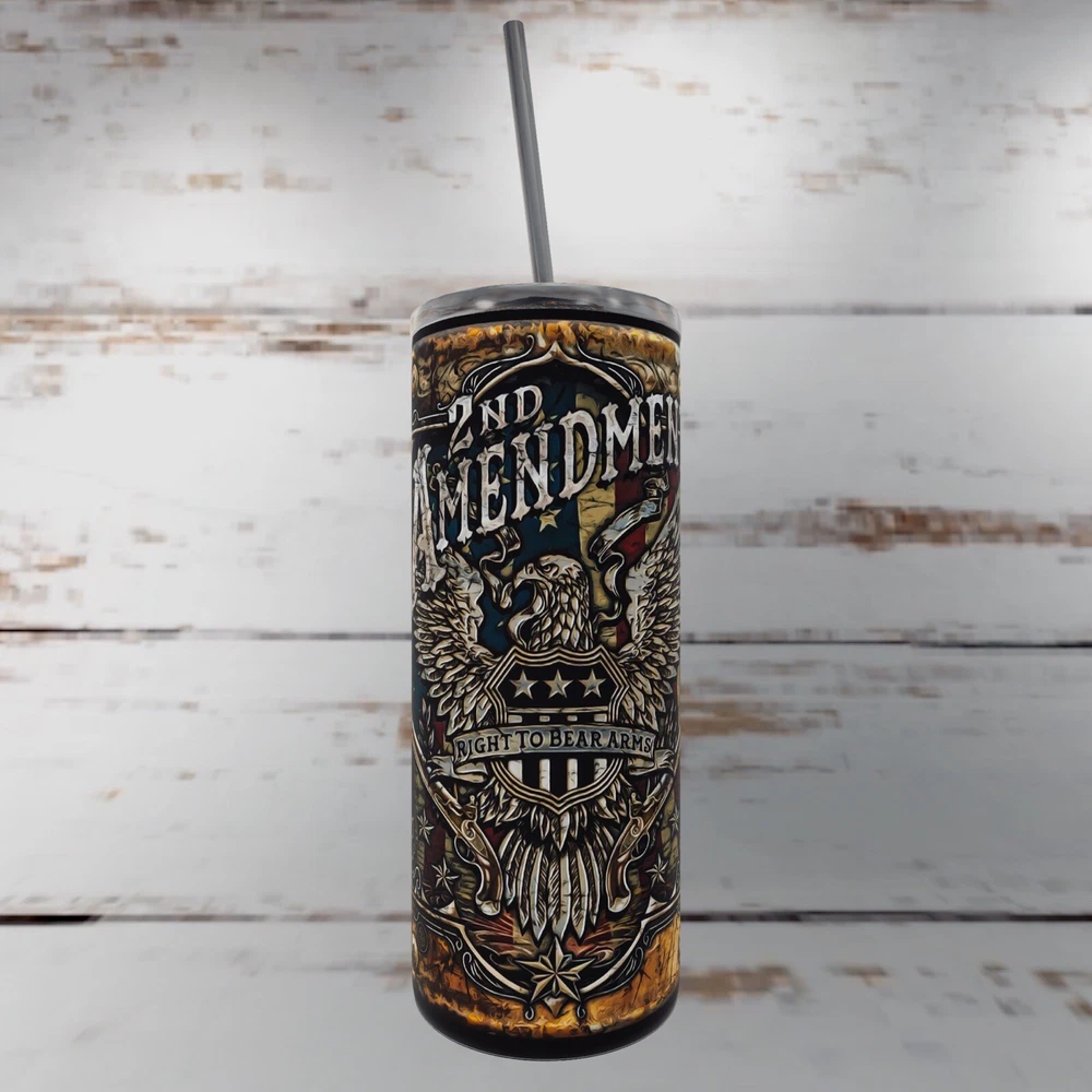 Tumbler, Skinny 20oz With Metal Straw, American Flag, Second Amendment, Custom