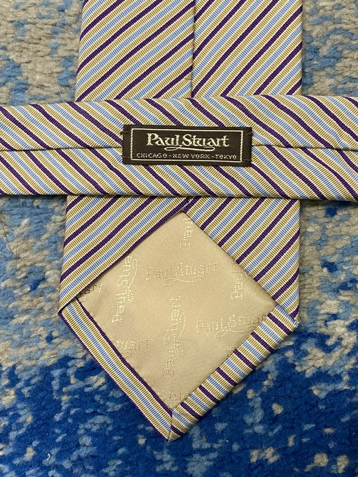 Corbata Paul Stuart Beige Azul Blanco Púrpura Sesgado Rayas Seda Algodón Inglaterra Foto 4 de 4