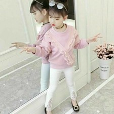 2Pcs Ragazze Ruffles Felpe + Pantaloni Fly Top Manica Pizzo a Contrasto Svasato
