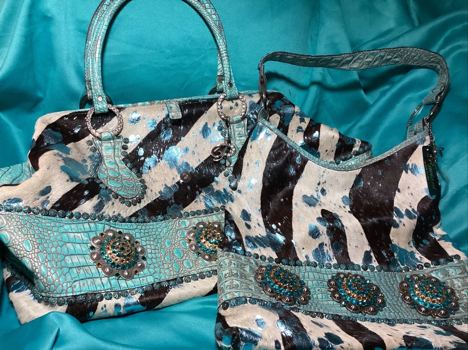 Raviani Turquesa Croco Cuero y Pelo Estampado Cebra ~ BOLSO MÉDICO + MONEDERO ¡NUEVO!