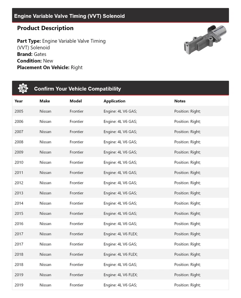 Para Nissan Frontier 2005-2019 motor VVT solenoide puertas derecha 2006 2007 2008 Foto 2 de 4