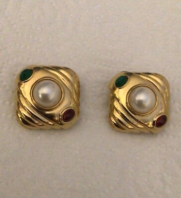 CINER RARE Earrings Clip Ruby Red & Emerald Green Cabochon Jewels of India