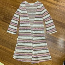 Umgee Cardigan Womens Small White Pink Boho Crochet Knit Long Duster Chevron