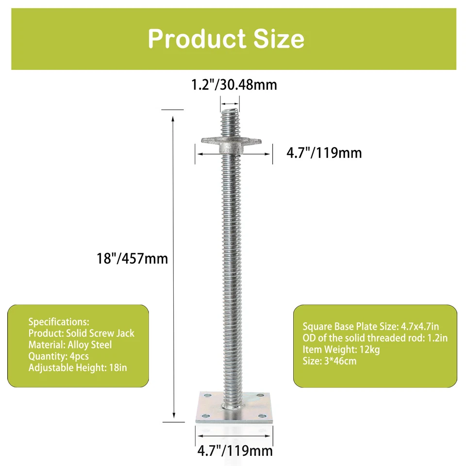 4 Piezas Gatos Niveladores Ajustables 18" Andamio Tornillo Sólido Gato con Placa Base - Imagen 2 de 4