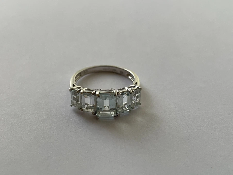 Anillo Aguamarina 2.58ct Oro Blanco 9ct Corte Esmeralda Aguamarina Anillo Vintage Talla N Foto 2 de 4