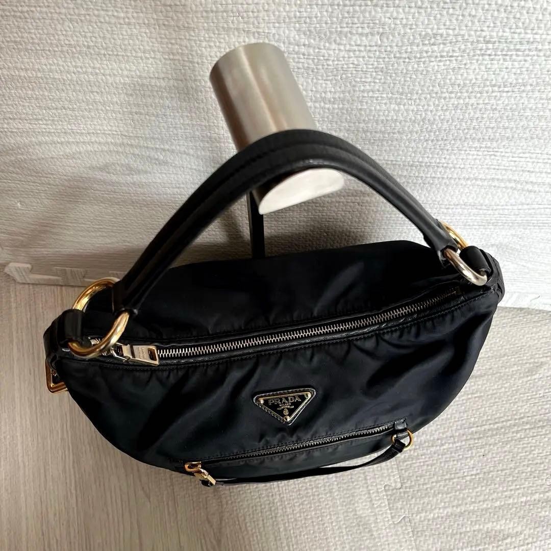 PRADA One Shoulder Bag Gold Triangle Logo Black Nylon thumbnail 3