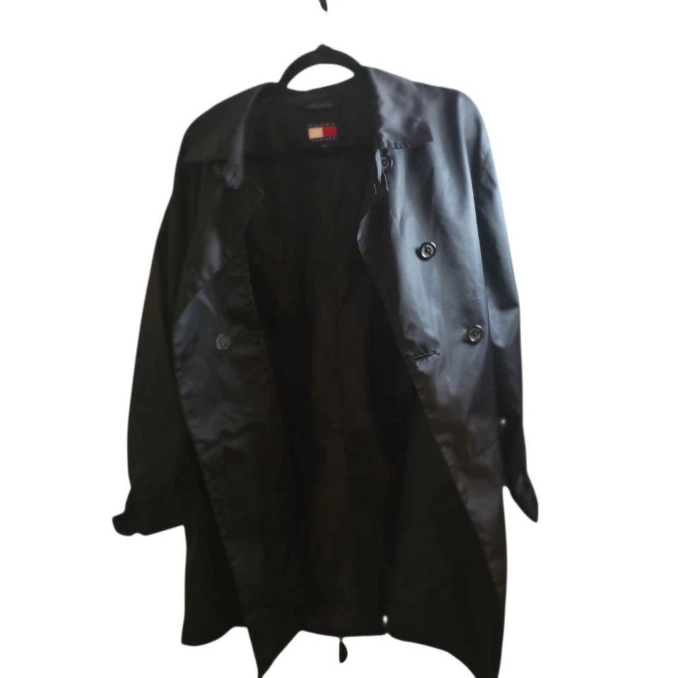 Tommy Hilfiger Black Nylon Double Breasted Trench Coat Jacket XL Vintage Y2K - Image 4 of 4