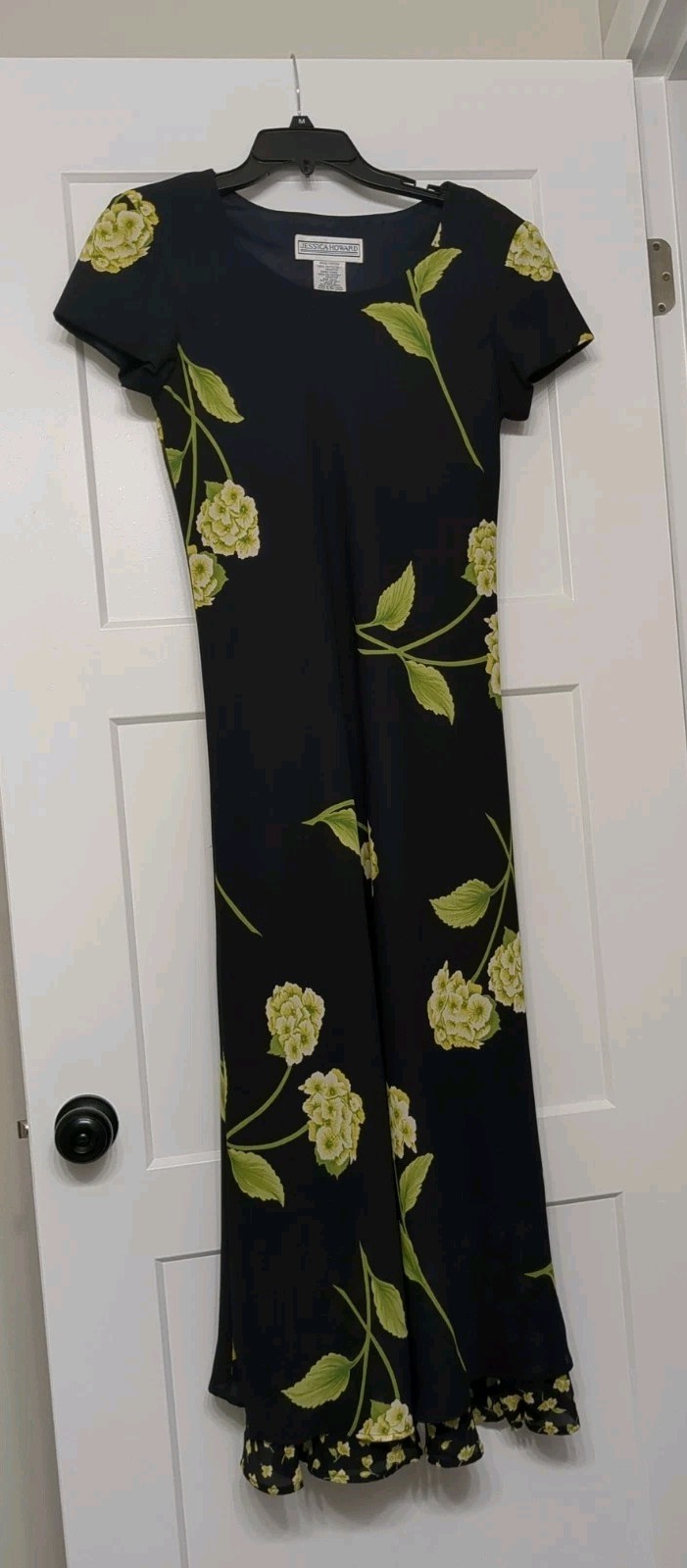 Vtg jessica howard black green hydrangea midi dress peek-a-boo hem lined size 8