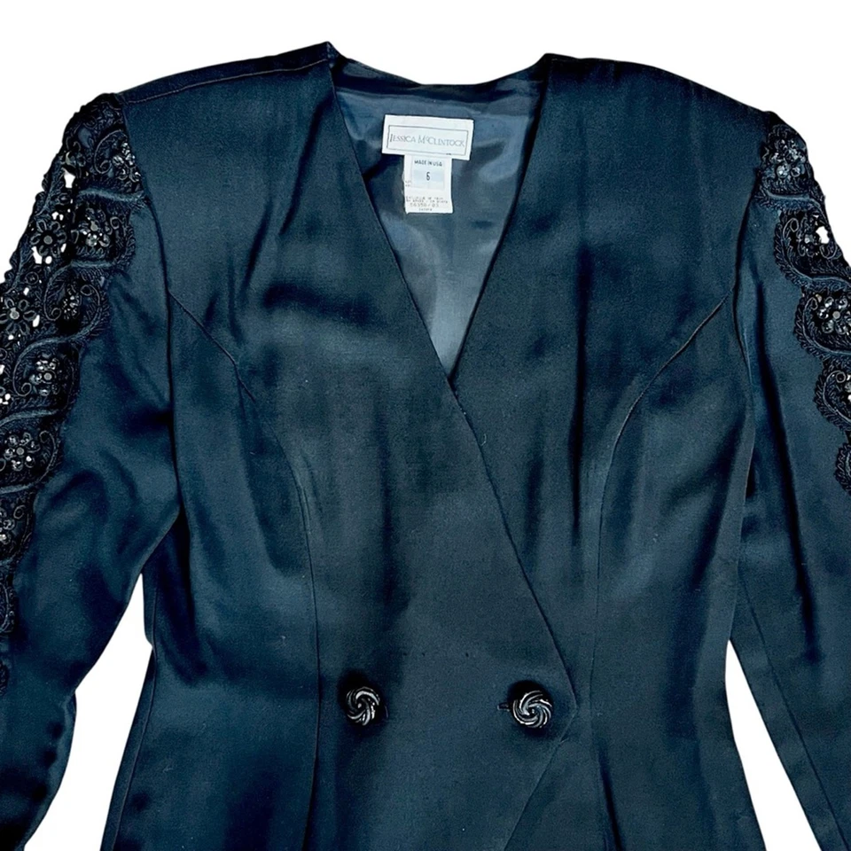 Jessica McClintock Women’s Sz 6 Vintage Black Sequin Lace Sleeve 90s Blazer - Image 2 of 4