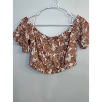 Abercrombie & Fitch Floral Off-The-Shoulder Crop Top Tan Brown White Medium EUC