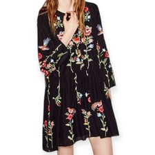 Zara Embroidered Bird & Floral Black Shift Dress Cottagecore Bohemian Sz Small
