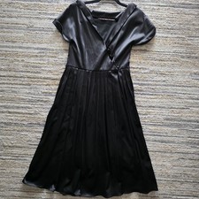 Nicholas Millington Size 12 M Midi Dress Black Satin Pleated Short Sleeve Wrap