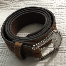 Vintage Justin Brown Leather Tooled Belt With Silver Buckle Size 40