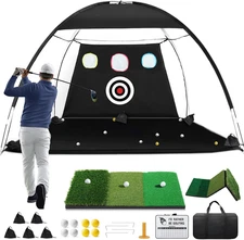 Golf Net, 10X7Ft Golf Hitting Aid with Foldable Tri-Turf Mat, Designed for Outdo