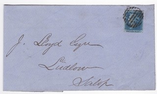 1864 QV FINE 2d BLUE STAMP PLATE9 ON LONDON FRONT TO LUDLOW 8.5 x 3.5 INCH