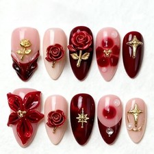 30Pcs Dark Red Press on Nails Medium Almond Fake French Tip Nails with 3D Red
