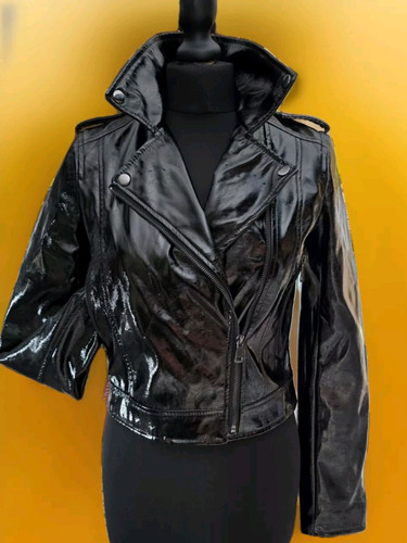 Jacket Black Patent Leather PU Biker Y2K Sexy Fetish Punk Goth Vintage Size 12
