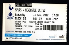 Tottenham Hotspur v Newcastle United 2011-2012 Premier League Ticket 11/02/2012