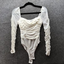 Hello Molly White Mesh Bodysuit Womens M 6 Ruched Long Sleeve Square Neck