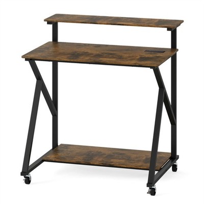 Rustic Brown Rolling Computer Desk with Power Strip 32'' with Monitor Stand
