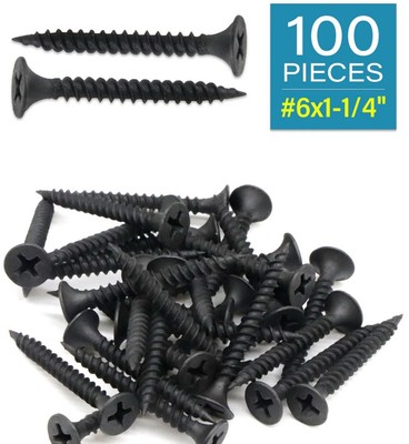 100 Pieces #6 x 1-1/4 in Black Steel Drywall Screws Flat Phillips Head