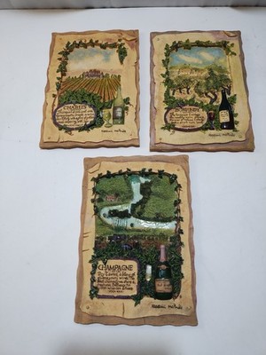 Vineyard Wine Wall Plaque 3D Resin Naomi McBride Champagne Burgundy Chablis 3 Pc