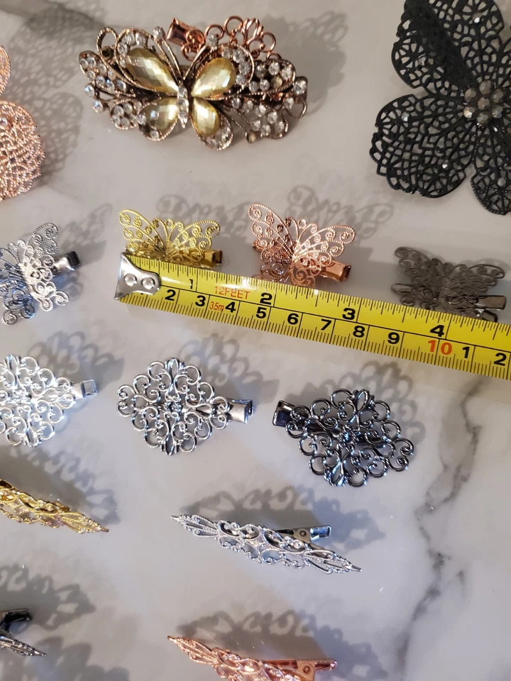 Vintage-Style Rhinestone Filigree Hair Clip Barrettes Lot 18 pc Rose Gold Silver - Image 4 of 4