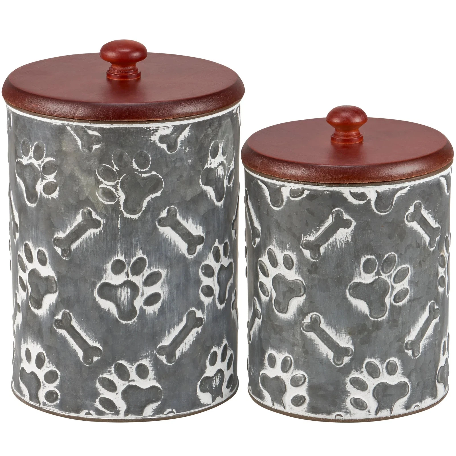 Pet Paw print Embossed metal 2 canister set, wood lids, for treats & gear NWT