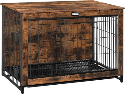 Dog Crate Furniture, 38.6'' Large Dog Kennel Indoor, Wooden Cage with Pull-Out Tr