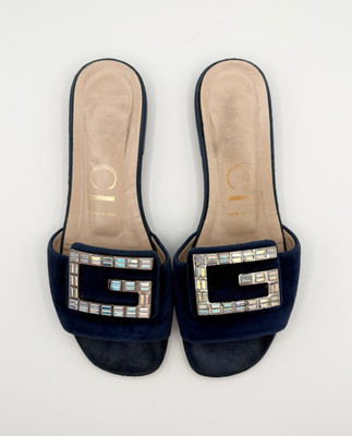 Gucci Blue Velvet Sandals w/ Crystal Embellished Monogram Accent Slides EU 37.5