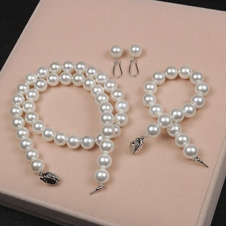 Schmuckset weiß Perlenkette Armband Ohrringe Collier Muschelkernperlen Geschenk - Bild 2 von 4