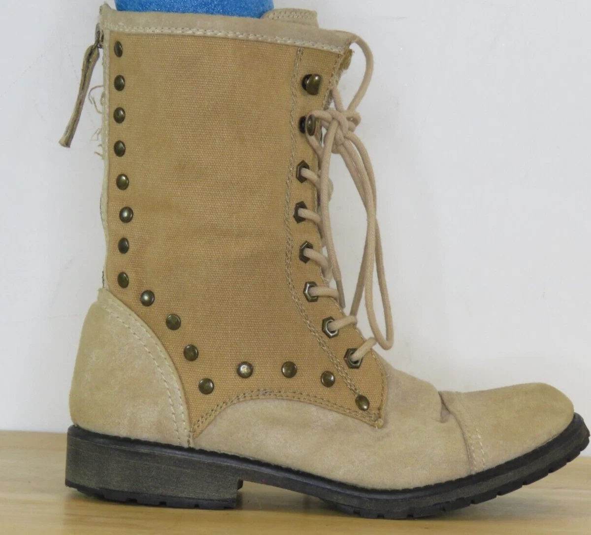 Roxy Concord Combat Boots Women s Tan Brown Canvas Zipper Back 8.5