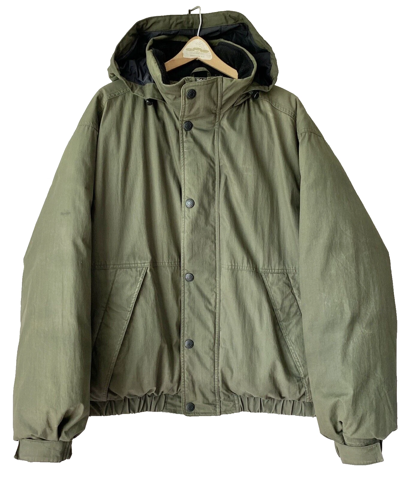 Eddie Bauer men Large goose down hooded canvas bomber jacket fleece collar green
