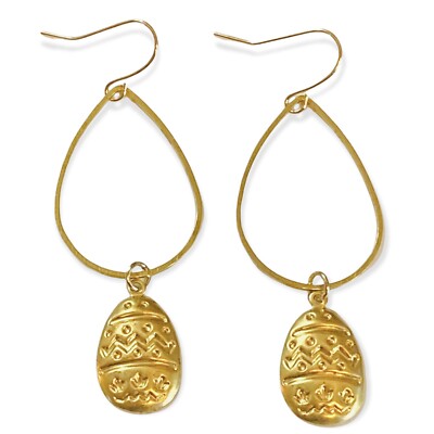 Gold Easter Earrings Brass Easter Egg Dangle Fishhook Handmade