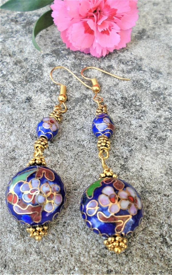 Pendientes colgantes perforados vintage azul esmalte Cloisonne cuentas florales  Foto 2 de 3