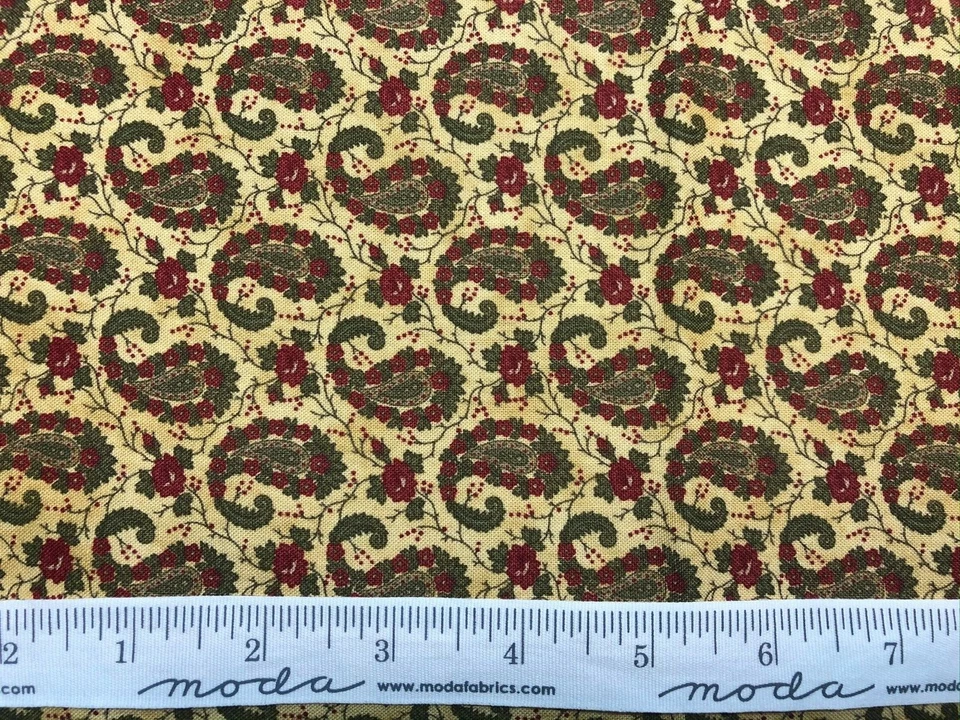 Reproduction Print Fabric 1850-1870 for Moda Red Green on Tan OOP 35 Inches - Image 2 of 3