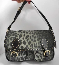 New Moschino Cheap & Chic Gray Black Leopard Nylon Leather Studded Shoulder Bag