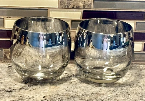 Two Vintage MCM Silver Ombre Mirror Fade Mercury Roly Poly Bar Glasses 10oz