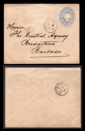 Leeward Islands QV 2 1/2d postal envelope, used 1895 St Kitts to Barbados.