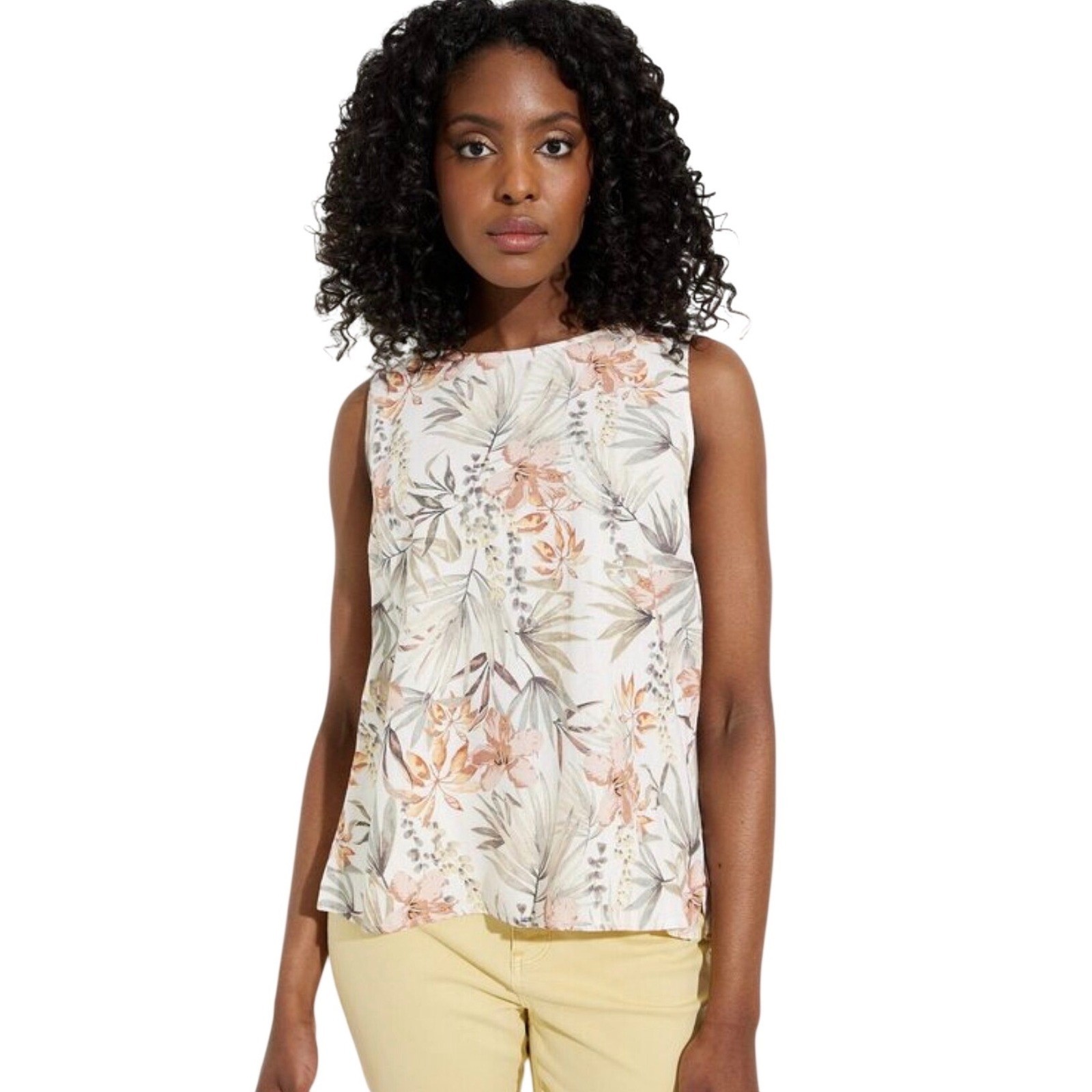 Charlie B Linen Floral Top L Back Button Botanical Sleeveless Blouse