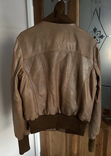 Oasis Womans Short Brown 100% Leather Collared Bomber Jacket Size 8 - Picture 2 of 9
